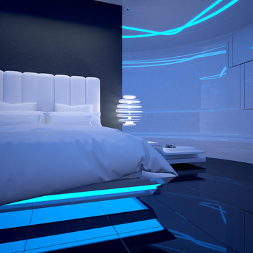 Futuristic interior design. Bedroom of the future. 3D illustration