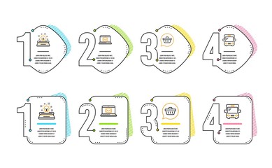 Shopping cart, Typewriter and E-mail icons simple set. Bus sign. Dreaming of gift, Inspiration, New message. Tourism transport. Technology set. Infographic timeline. Line shopping cart icon. Vector