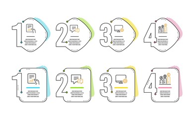 Monitor settings, Comment and Document icons simple set. Graph chart sign. Service cogwheel, Talk bubbles, File with diagram. Growth report. Technology set. Infographic timeline. Vector