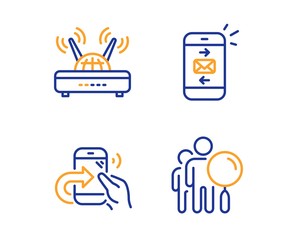 Mail, Share call and Wifi icons simple set. Search people sign. Smartphone communication, Phone support, Internet router. Find employee. Technology set. Linear mail icon. Colorful design set. Vector