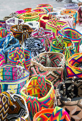 Knitted bags in the Otavalo market, Ecuador
