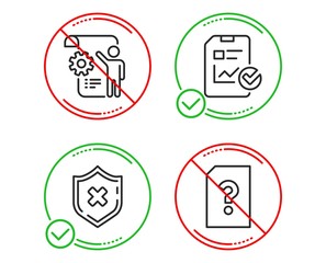 Do or Stop. Settings blueprint, Report checklist and Reject protection icons simple set. Unknown file sign. Engineering cogwheel, Sales growth file, No security. Doc with question mark. Technology set