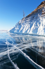 Lake Baikal. A typical for Olkhon Island winter landscape with ice-covered coastal cliffs and clear mirror ice on a sunny day