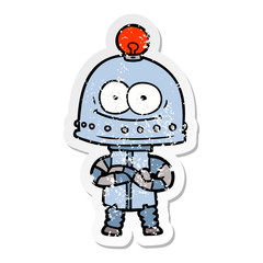 distressed sticker of a happy carton robot with light bulb