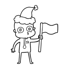 line drawing of a weird bald spaceman with flag wearing santa hat