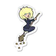 sticker of a cartoon witch riding broomstick