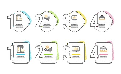 Cogwheel, Music making and Coffee machine icons simple set. Carousels sign. Engineering tool, Dj app, Cappuccino machine. Attraction park. Technology set. Infographic timeline. Line cogwheel icon