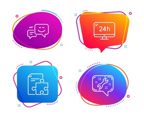 Happy emotion, Strategy and 24h service icons simple set. Spanner sign. Web chat, Puzzle, Call support. Repair service. Technology set. Speech bubble happy emotion icon. Colorful banners design set