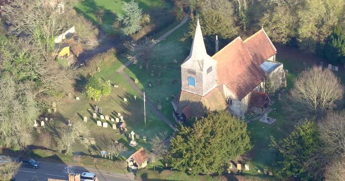 Aerial view of St Mary's church in High Halden village, located in Kent (The Garden Of England) UK