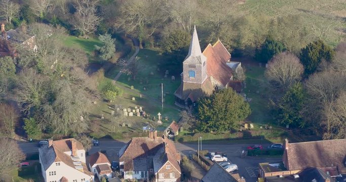 Aerial view of St Mary's church in High Halden village, located in Kent (The Garden Of England) UK