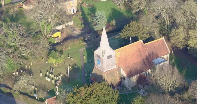 Aerial view of St Mary's church in High Halden village, located in Kent (The Garden Of England) UK