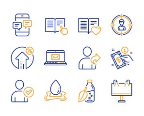 Read instruction, Identity confirmed and Payment method icons simple set. Water bottle, Headhunting and Water splash signs. Loan percent, Phone messages and E-mail symbols. Line read instruction icon
