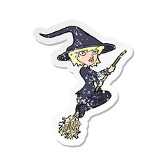 retro distressed sticker of a cartoon witch riding broomstick