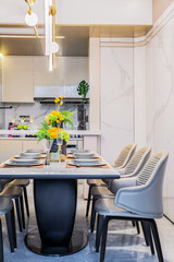 Luxuriously furnished open kitchen and dining room interior photography