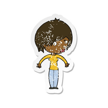 recommend clip art: retro distressed sticker of a cartoon woman shrugging