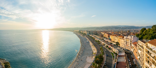 Aerial sunset view of the famous Angel's Bay, Nice