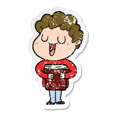distressed sticker of a laughing cartoon man with book