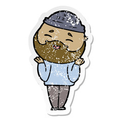distressed sticker of a cartoon happy bearded man