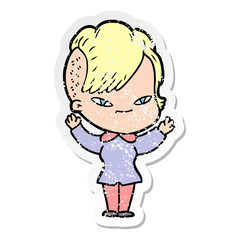distressed sticker of a cute cartoon girl with hipster haircut