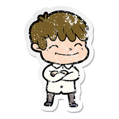 distressed sticker of a cartoon happy boy