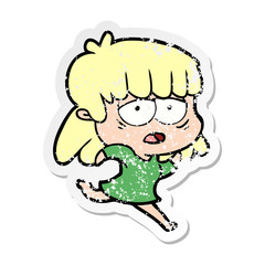 distressed sticker of a cartoon tired woman