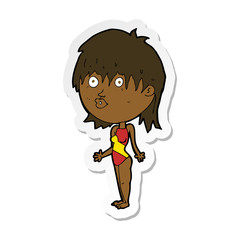 sticker of a cartoon woman in swimsuit shrugging shoulders
