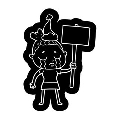 cartoon icon of a crying woman with protest sign wearing santa hat