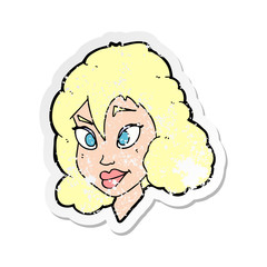 retro distressed sticker of a cartoon pretty woman