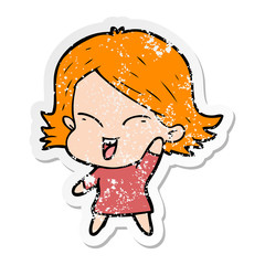 distressed sticker of a happy cartoon girl