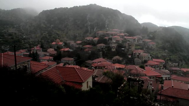 View from the top of Stemnitsa village while fog is moving in