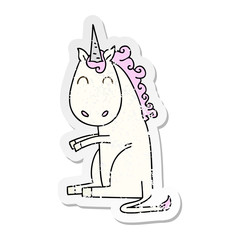 distressed sticker of a quirky hand drawn cartoon unicorn