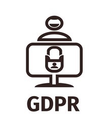 GDPR - General Data Protection Regulation. Personsl data. Schematic image. A man sits at the computer and rejoices. Lock on the computer. Lines icon. Black and white vector.