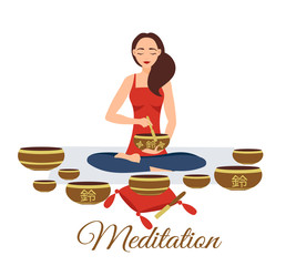 Girl yoga meditates with Tibetan singing bowls. Woman plays music. Relaxation after yoga. Enlightenment with deep music