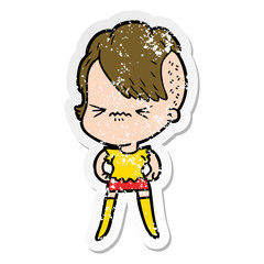 distressed sticker of a cartoon annoyed hipster girl