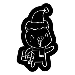 happy cartoon icon of a pig with xmas present wearing santa hat