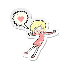 retro distressed sticker of a cartoon woman in love