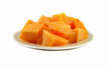 Fototapeta na wymiar Cantaloupe melon slice on white plate isolated on white background
