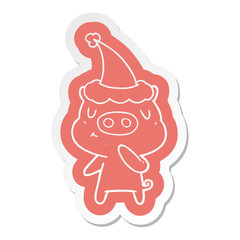 cartoon  sticker of a content pig wearing santa hat