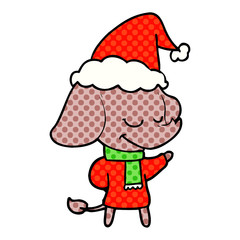 comic book style illustration of a smiling elephant wearing scarf wearing santa hat