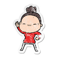 distressed sticker of a cartoon peaceful old woman