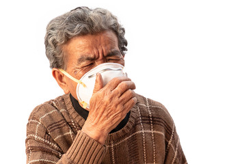 Grandma uses a mask to prevent dust isolated on white background.