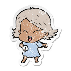 distressed sticker of a happy cartoon girl