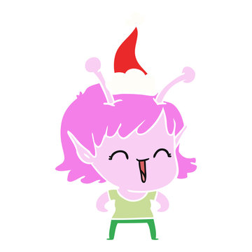 flat color illustration of a alien girl laughing wearing santa hat