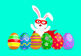 Funny cartoon, super hero rabbit with Easter eggs. Cute bunny in funny costume, mask and cape. Vector illustration isolated on blue background.