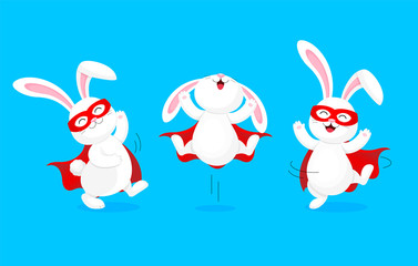 White rabbit in super hero costume jumping and dancing.  Cute bunny in funny costume, mask and cape. Cartoon character design. Vector illustration isolated on blue background.