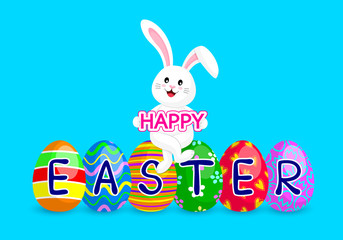 White rabbit sitting cross-legged on Easter eggs. Happy Easter day concept. Cute bunny, Cartoon character design. Vector illustration isolated on blue background.