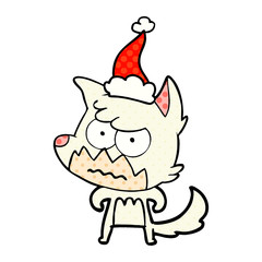 comic book style illustration of a annoyed fox wearing santa hat