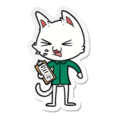 sticker of a cartoon salesman cat hissing
