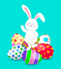 White rabbit sitting cross-legged on Easter eggs. Happy Easter day concept. Cute bunny, Cartoon character design. Vector illustration isolated on blue background.