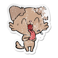 distressed sticker of a cartoon panting dog